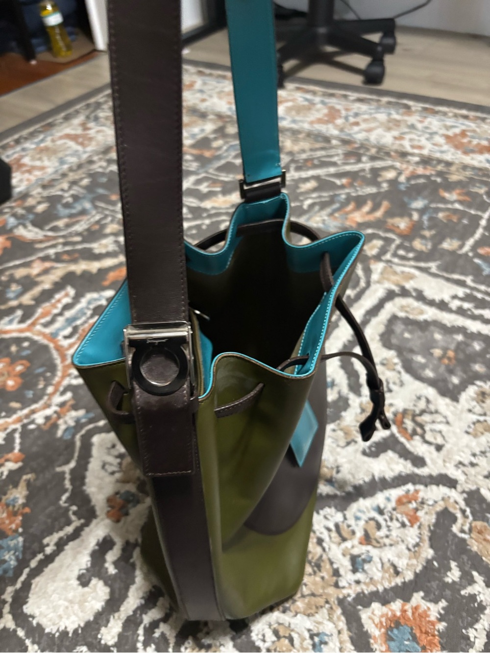 Salvatore Ferragamo Olive and Teal Leather Bucket Shoulder Bag - Picture 3 of 6